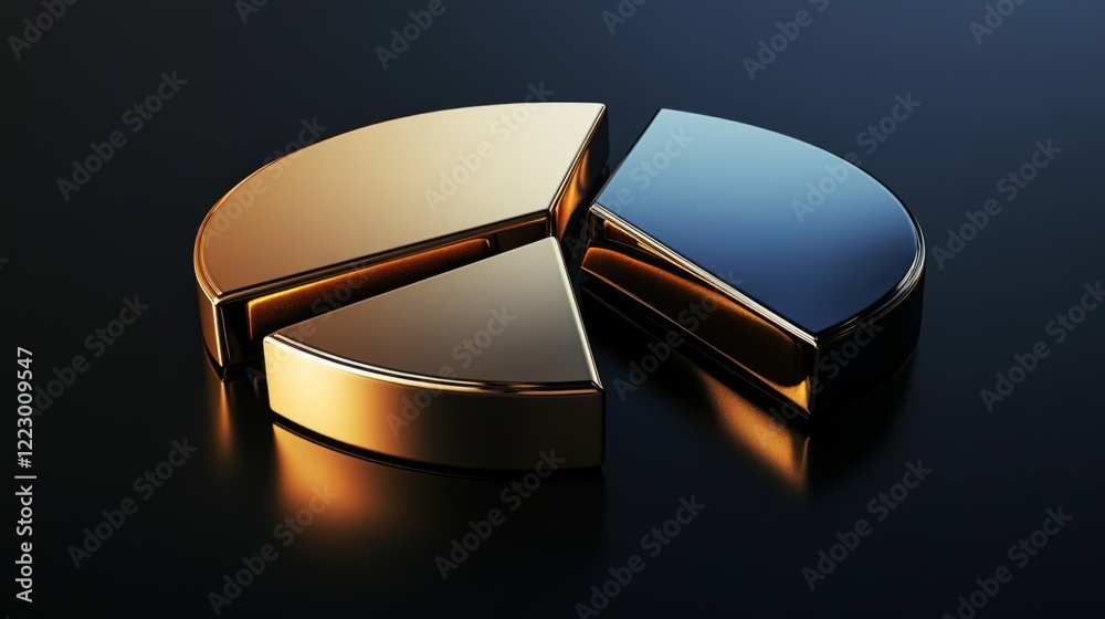 Poster a d pie chart with gold and silver segments on a dark reflective background, illustrating the portio