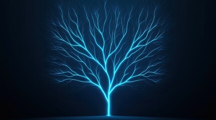 A glowing blue tree with intricate branches set against a dark background, creating a striking visual contrast.