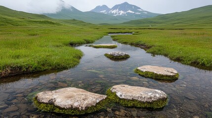 Mountain stream, stepping stones, green valley, calm scene, nature background