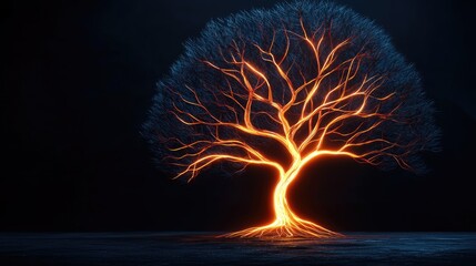 A glowing tree with fiery branches stands out against a dark background, creating a striking contrast and an ethereal atmosphere.