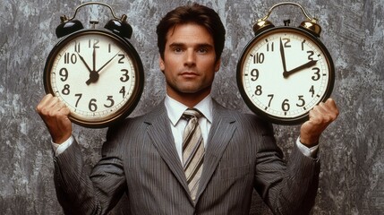 Professional Man Holding Two Alarm Clocks in Modern Business Setting