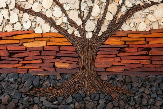 A tree of life with branches and roots formed from wood shavings, earthy colors, intricate detail, mystical ambiance. , closes up