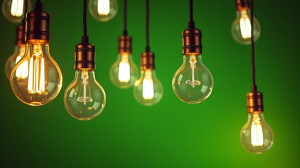 Illuminating Ideas: Hanging Light Bulbs on Green Background