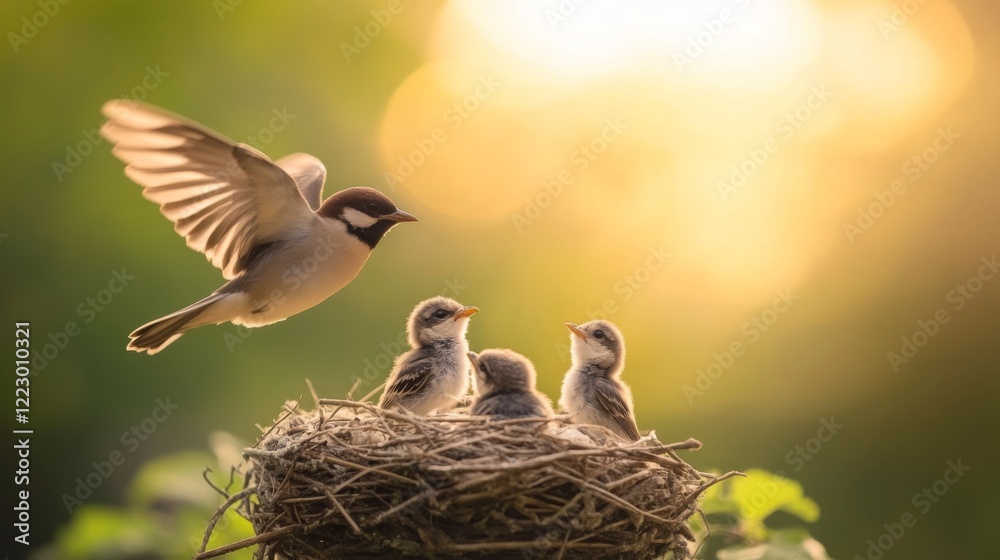Poster a beautiful image of a nest with baby birds looking up, with a blurred background of their parent bi