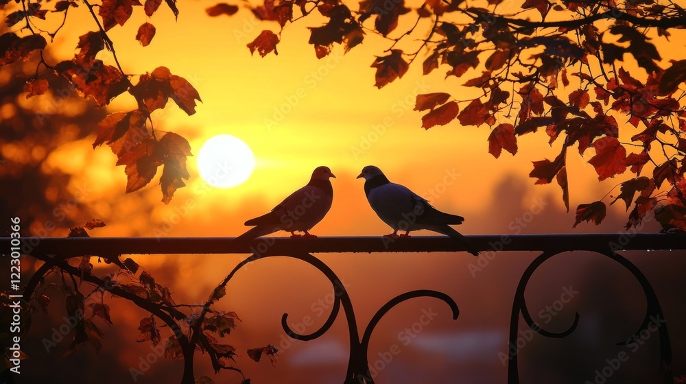 Poster a beautiful image of a pair of doves perched on a railing at sunset, their silhouettes framed by the