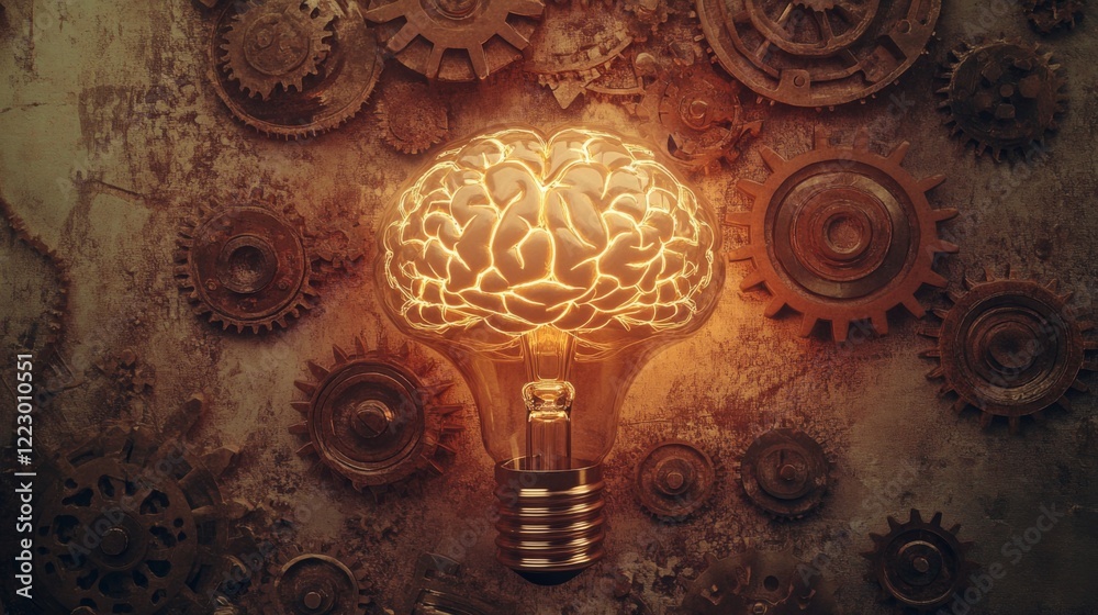 Aufkleber a brain-shaped light bulb surrounded by gears and cogs, symbolizing ideas and innovation, against a 