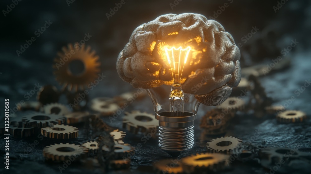 Poster A brain-shaped light bulb surrounded by gears and cogs, symbolizing ideas and innovation, against a subtle textured background
