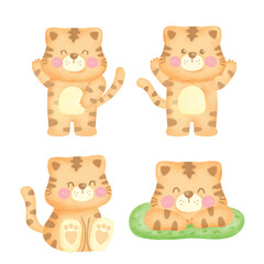 Set of Cute Cartoon Tiger Character Illustration