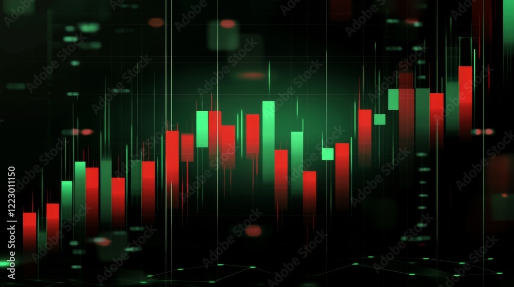 Poster a candlestick chart with green and red bars on a dark digital grid, showcasing financial market tren