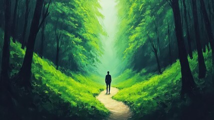 Obraz premium Person enjoying a solo hike through a forest trail, dappled sunlight, vibrant greens, connection to nature, detailed. , closes up