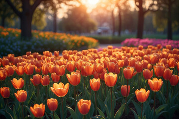 Bright tulips in sunset hues, soft petals falling, small path, anime sunset glow and serenity