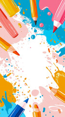 Obraz premium Colorful Pencils and Paint Splatter: Creative Art Supplies Frame