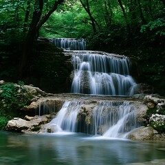 Waterfall, A stunning waterfall cascades gracefully over moss-covered stones surrounded by vibrant greenery, creating a peaceful and picturesque natural environment, A waterfall cascading in a lush 
