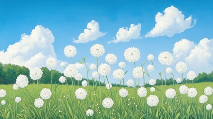 White dandelions sway gently in a vibrant green field under a bright blue sky with fluffy clouds, cartoon illustration.
