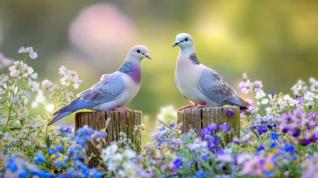A captivating image of two doves resting on a rustic wooden fence post, surrounded by wildflowers, highlighting the beauty of their habitat