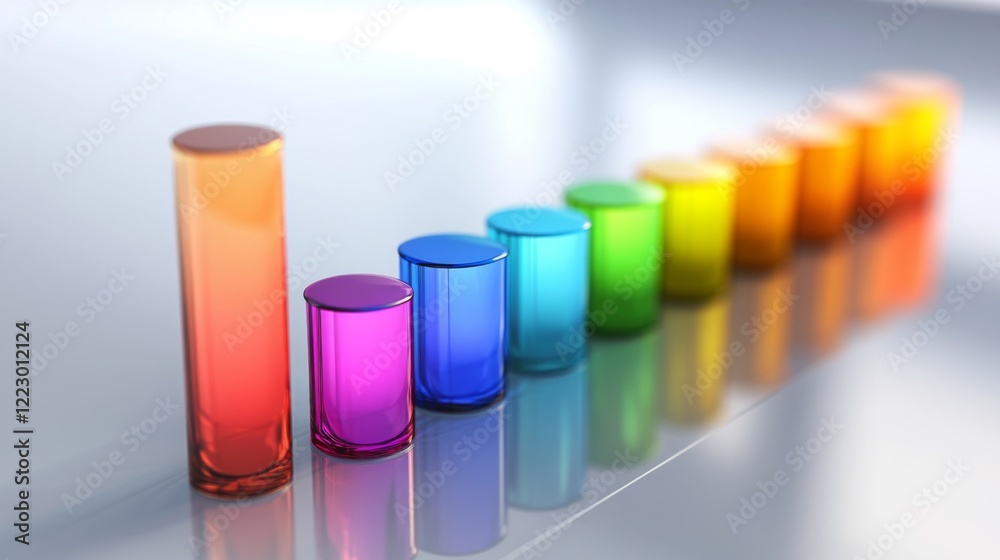 Poster a clear d bar graph with metallic bars and gradient colors, arranged on a white reflective surface, 