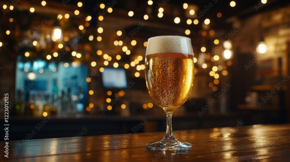 Poster a chilled beer glass filled with pale ale, set against a backdrop of a wooden bar and soft-focus lig