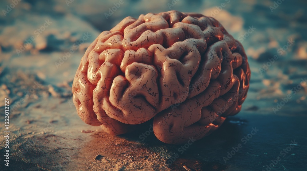 Poster A close-up of a brain with anatomical labels, set on a textured surface, emphasizing its structure and the importance of neuroscience