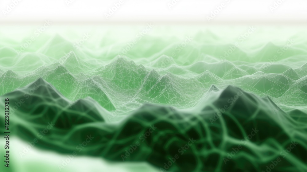 Poster a digital representation of a green mountain landscape with a network of lines creating a 3d effect,