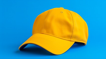 Fototapeta premium Stylish Blue Baseball Cap on Yellow Background - Perfect Accessory for Casual Attire in Beautiful Blue Canvas