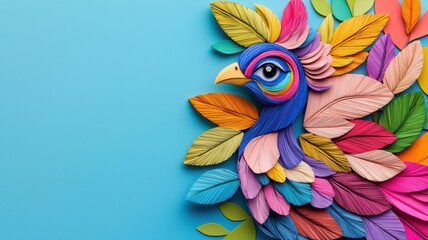 Obraz premium A vibrant peacock with feathers crafted from multicolored pencil shavings, intricate detail, fantasy realism, warm lighting. , closes up