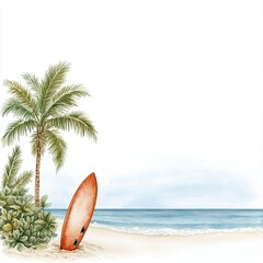 serene beach scene featuring surfboard, palm tree, and ocean waves, watercolor clip art