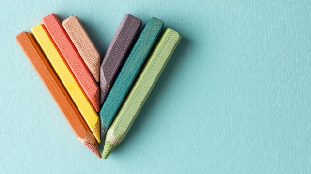 Abstract heart made from multicolored pencil scraps, vibrant gradient, against soft pastel background, minimalist. - Powered by Adobe