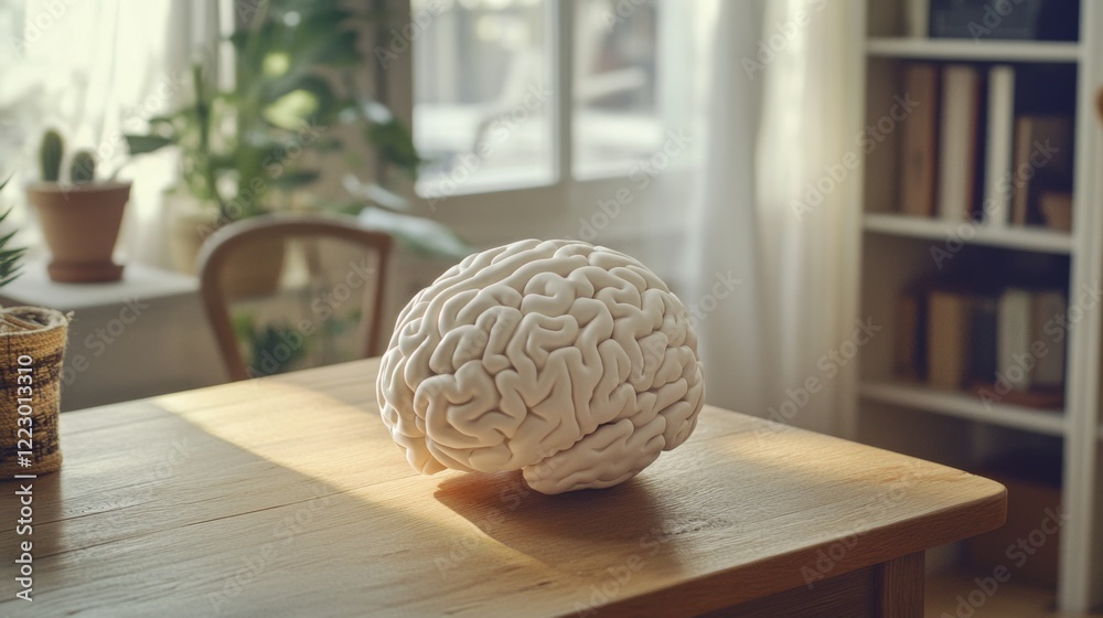Poster a close-up of a human brain model on a wooden desk, illuminated by soft natural light, highlighting 
