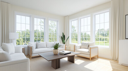A bright living room with large windows, neutral tones, and a comfy sofa, cozy, home, relaxing, interior