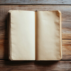 plain notebook with empty pages lying open on wooden surface, inviting creativity and thoughts. warm tones of wood enhance serene atmosphere