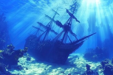Obraz premium A majestic sunken ship resting on the ocean floor, surrounded by vibrant marine life.