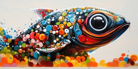 Vibrant mural of a fish with colorful bubbles and patterns, showcasing artistic creativity and urban art in a lively setting.