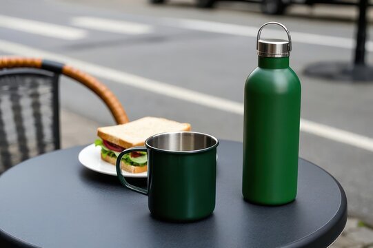 Green Amry Tumbler and Mug Mockup on Cafe Table with Sandwich for Breakfast. Tumbler Bottle Mockup
