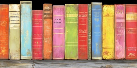 Naklejka premium A vibrant collection of vintage books with colorful spines arranged on a wooden shelf, showcasing a variety of titles and textures.
