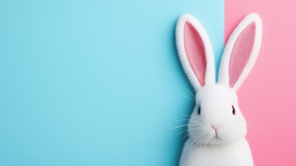 Obraz premium Adorable white rabbit with pink ears against a split pastel blue and pink background, perfect for spring or Easter themes.