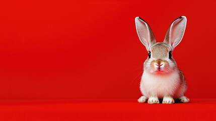 Obraz premium A fluffy rabbit sitting against a vibrant red background, showcasing its adorable features and expressive eyes. Perfect for animal lovers and pet-themed designs.