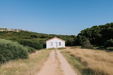 Obraz premium A small white house sits in a field with a dirt road leading to it. The house is surrounded by trees and the sky is clear and blue. The scene is peaceful and serene