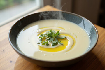 Creamy soup with olive oil and herbs on wooden table