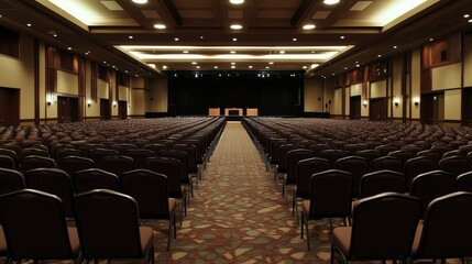 Fototapeta premium Spacious conference hall with rows of empty chairs, ready for an event or seminar, featuring a stage and soft lighting.