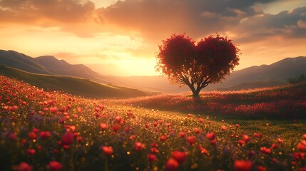 A heart shaped tree stands in the center background