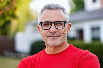 Obraz premium A man wearing glasses and a red shirt is smiling. He is standing in front of a house