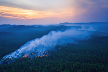 Forest wildfire spreading under smoky sunset sky