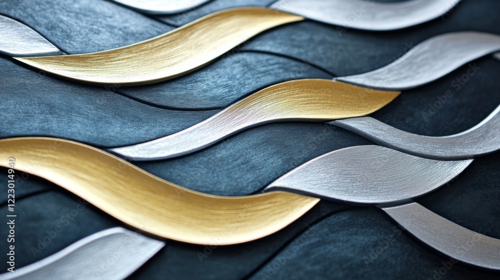 Poster a close-up of interwoven line patterns in metallic silver and gold, on a dark textured background, c