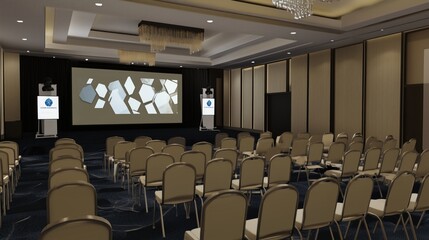 Spacious conference room with rows of chairs facing a large screen, ideal for presentations, meetings, and corporate events.