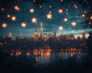 Fototapeta premium Chalkboard Cityscape at Night with Glowing Skyscrapers and Twinkling Stars in the Sky