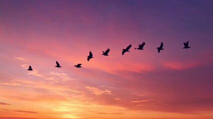 Obraz premium Flock of Migrating Birds Flying Over Dramatic Sunset Sky with Vibrant Hues of Orange, Pink, and Purple: Silhouettes Against Colorful Sky Highlighting Natural Beauty of Migration