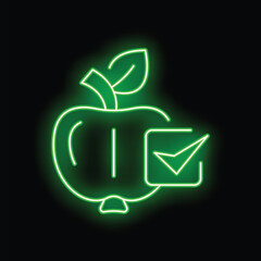 Green neon icon of an apple with a check mark glowing on a black background