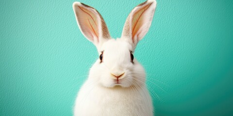 Obraz premium Close-up portrait of a white rabbit against a turquoise background, showcasing its expressive eyes and long ears.