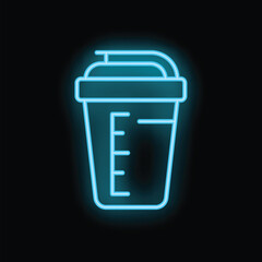 Blue neon sign depicting a protein shaker with straw on black background