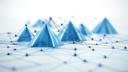 Abstract representation of blue triangular mountains connected by lines, symbolizing data networks and technology.
